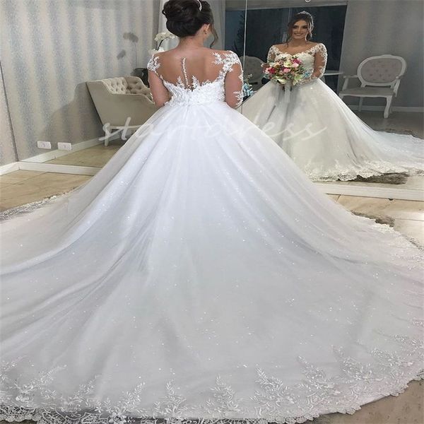 Stravagante abito da sposa principessa Abito da ballo bling Stile country ispanico Boho Abiti da sposa Applicazioni Maniche lunghe in pizzo Strascico di corte Sogno L'ultima sposa greca Mariage