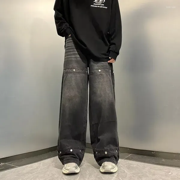 Erkekler Kot 2023 Y2K Street Giyim Düğmesi Vintage Siyah Bol Pantolon Erkek Giyim Düz Hip Hop Eski Geniş Bacak Denim Pantolon Ropa Hombre
