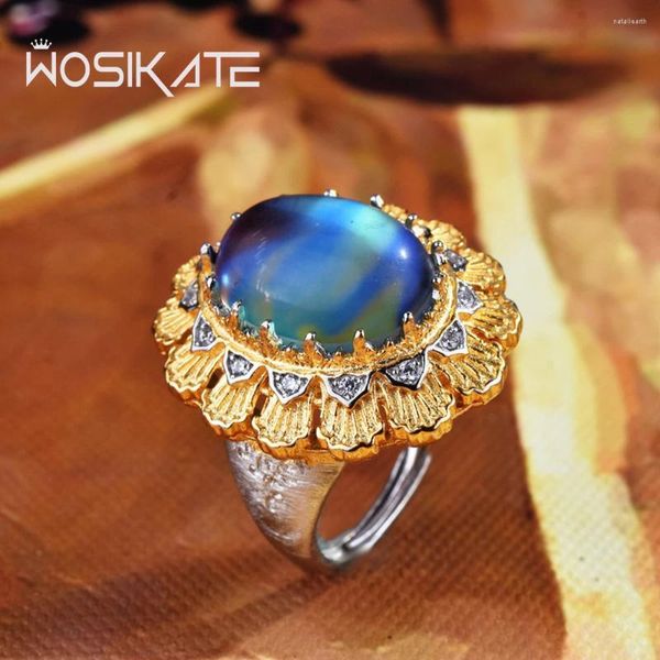 Anéis de cluster Wosikate luxo tecido e esculpido ouro artesanal moonstone anel para mulheres 925 jóias de prata ajustável elegante senhoras dedo