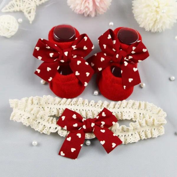 Calzini da donna Rossi Regalo di Natale per bambini Fiocco in cotone Fascia per capelli per bambina da pavimento Set infantile antiscivolo