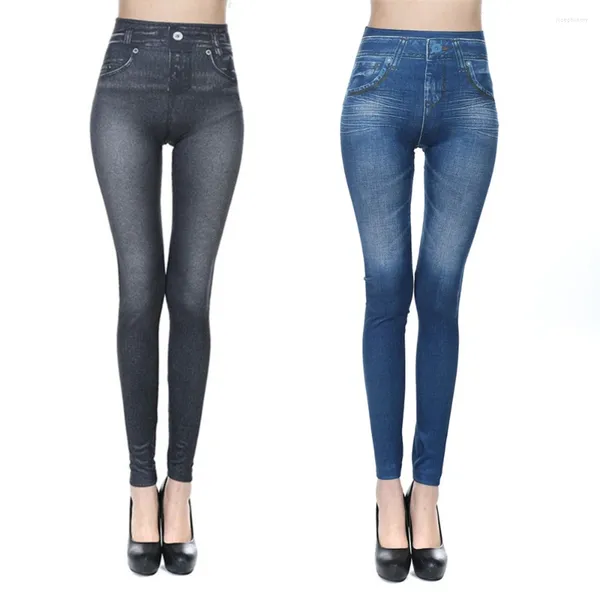 Calças femininas sexy mulheres cintura alta magro jeggings magros com bolsos denim impressão jeans seamles elástico comprimento total