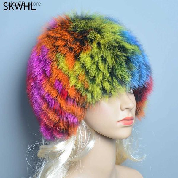 Beanie / Skull Caps Natural Winter Fox Fur Chapéus Mulheres Real Silver Fox Knit Beanie Hat Balaclava Lady Winter Snow Cap Luxo Marca Caps Gorro Masculi Q231130