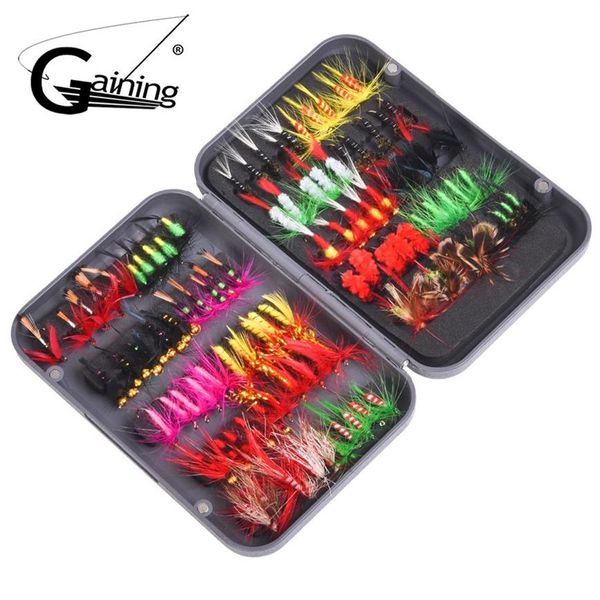 Kit di mosche per pesca a mosca 100 pezzi 20 colori Esche per pesca a mosca Spigola Salmone Trote Mosche Mosche secche e bagnate Attrezzatura da pesca con Fly Box2883