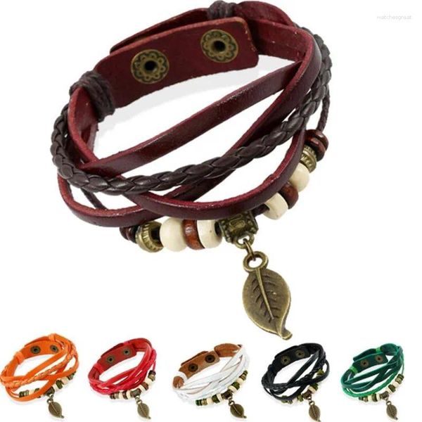 Charme pulseiras bohemia multicamadas pulseira de couro metal folha encantos grânulos para homens vintage punk envoltório pulseira