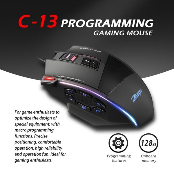 Toetsenbord-muiscombo's ZELOTES C 13 13 Programmeerbare knoppen Bedraad Gamer 5 niveaus 10000 DPI Verstelbare RGB optische pc-gamingmuizen voor computer 231129