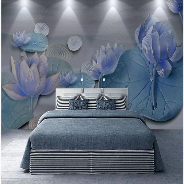 3D обои трехмерный рельефный лотос пруд лунный свет гостиная фон украшение стены живопись233w
