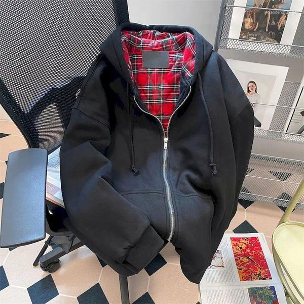 Hoodies femininos vintage xadrez com capuz moletom y2k zip up feminino 2023 outono inverno harajuku jaquetas casacos coreanos roupas kpop