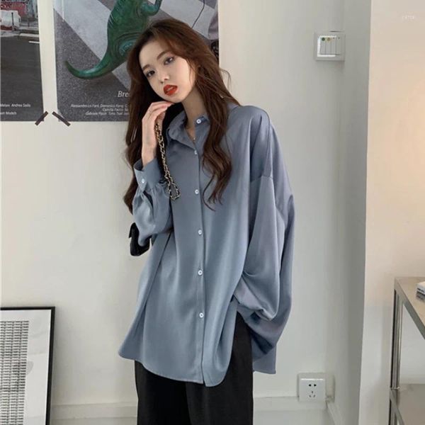 Kadın bluzları mavi y2k düğmesi aşağı gömlek kadınlar Kore Gevşek Gevşek Bluz Kadın Tasarımı Dış giyim büyük boyutlu üstler