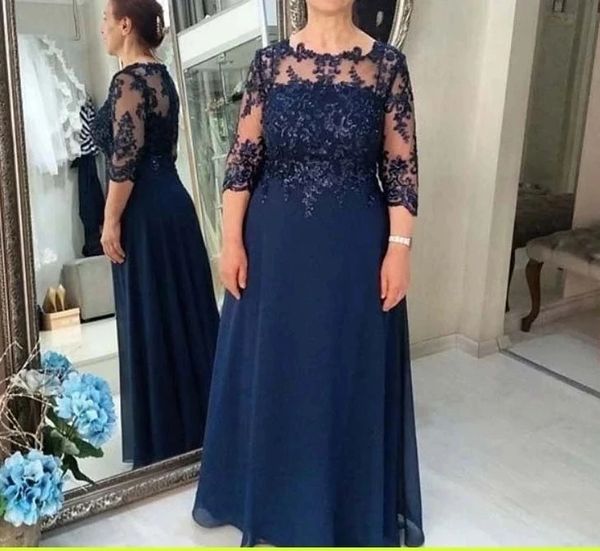 Dark Navy Plus Size Mãe da Noiva Vestidos de Renda Apliques Uma Linha Chiffon Vestido de Convidado de Casamento com 3/4 Mangas Compridas Noivo Mãe Vestido de Noite Formal 2024