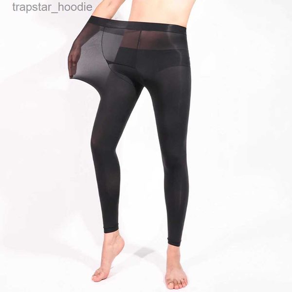 Herren-Thermounterwäsche, sexy Männer, lange Unterhosen, Öl-glänzende Bot-Thermo-Solid-Stretch-enge Leggings, ultradünne, durchsichtige, seidige, transparente Unterwäsche-Hosen L231130