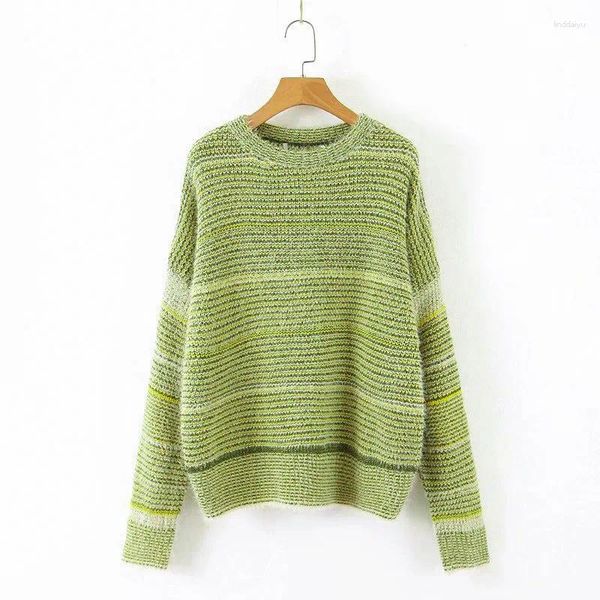 Damenpullover Frauen Grün Gestreifter Pullover Übergroßer Winterstreifen Langarm O-Ausschnitt Casual Tops Jumper 2023 Vintage