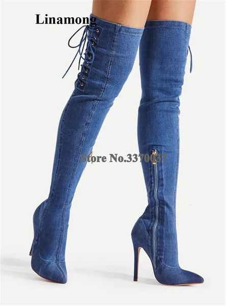 Botas Est Sexy Mulheres Apontadas Toe Sobre Joelho Stiletto Heel Denim Gladiador Side Lace Up Estilo Slim Long High Heels 231130