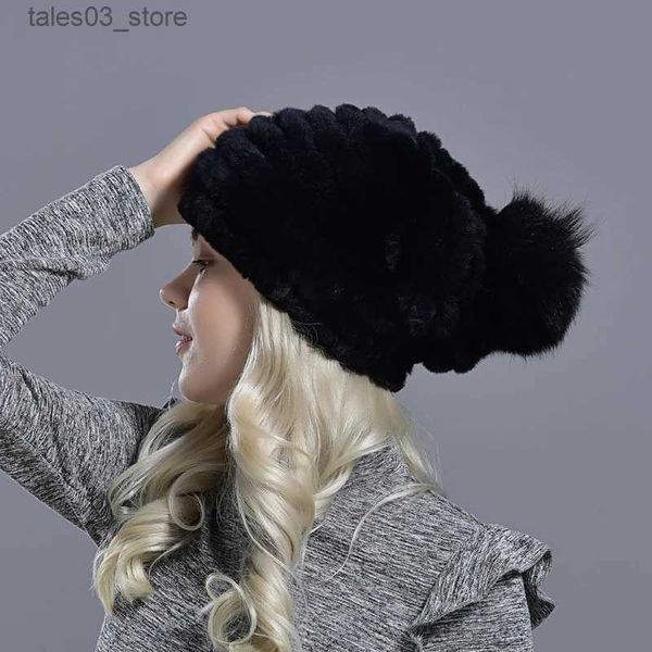 Beanie/Totenkopf-Kappen, Wintermützen für Damen, echte Pelzmütze, Bommel, handgefertigt, gestrickt, Rex-Kaninchen-Kappen, stilvolle warme Mützen, Naturpelzmütze Q231130