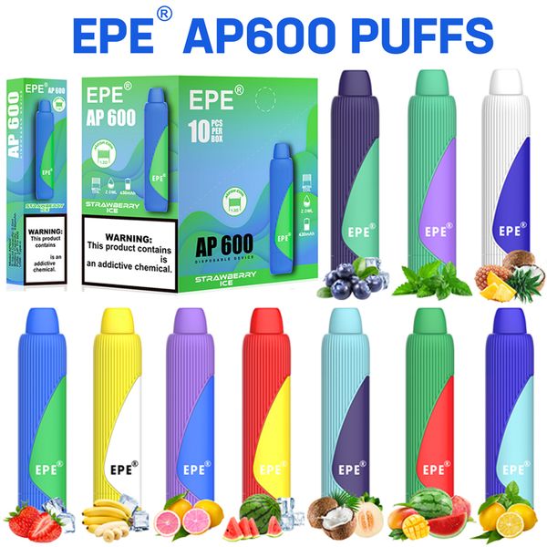 Original EPE AP600 Caneta Vape Descartável 600 Puffs 10 Sabores 2ml Dispositivo Pods 430mAh Bateria E-líquido Caneta Vape Fina