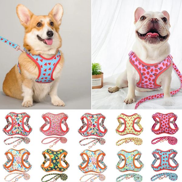 Coleiras para cães Trelas com estampa de flores Arnês para cães Trela reflexiva para cachorros para animais de estimação Colete ajustável para cães pequenos, médios e grandes Chihuahua Bulldog 231129