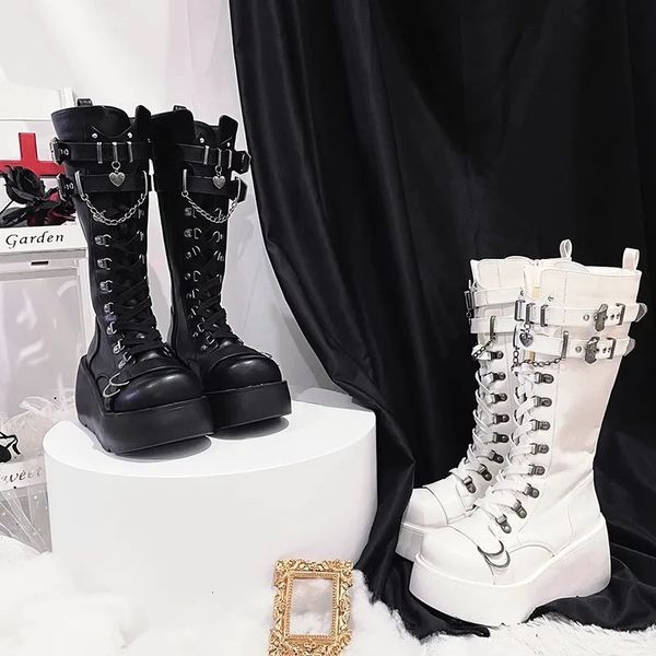 Botas fivela de metal plataforma robusta botas punk mulheres inverno gótico fundo grosso joelho botas altas mulher cunhas pretas sapatos cosplay 231129