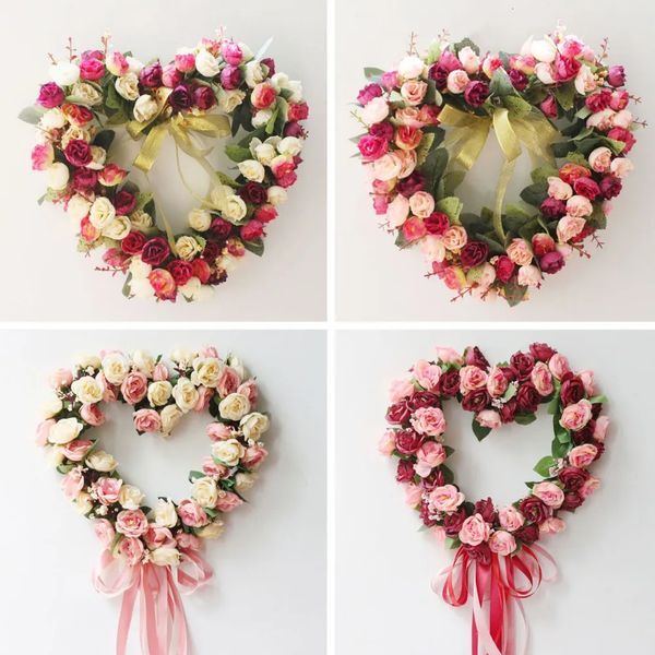 Ghirlande di fiori decorativi Ghirlanda di San Valentino per la porta d'ingresso a forma di cuore Ghirlanda di fiori di rosa artificiale Ghirlanda di seta finta peonia Decorazione da appendere a parete per matrimoni 231129