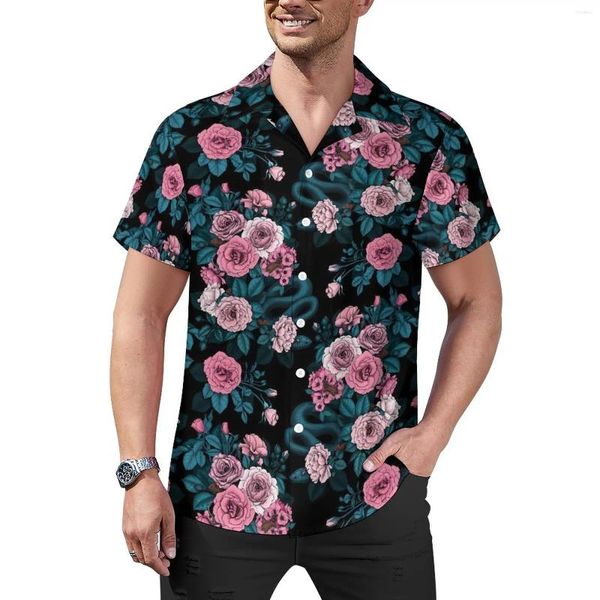 Camisas casuais masculinas rosa floral impressão camisa rosa flores praia solta havaí retro blusas de manga curta personalizado oversized topos