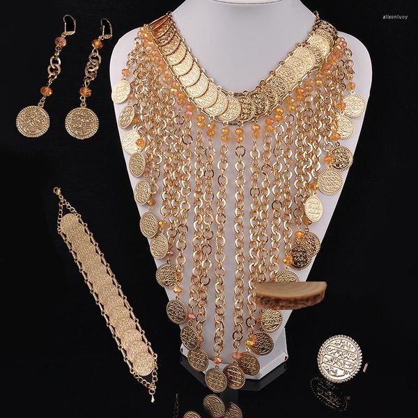 Brincos de colar de figurões de traje étnico de contas de cristal de moedas banhadas de ouro de tamanho grande de tamanho da Argélia