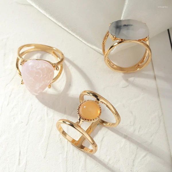 Кольца кластера, металлические обручальные кольца с двойным кристаллом, круглый розовый опал, элегантные штабелируемые богемные кольца, ювелирные изделия для женщин, подарки на вечеринку для девочек