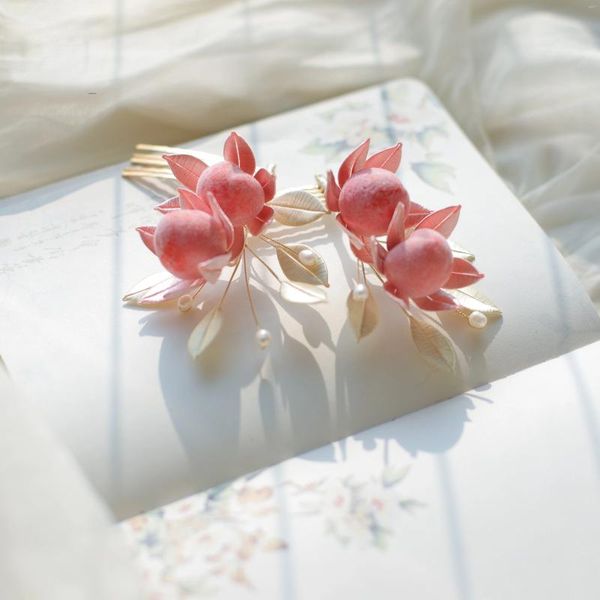 Haarspangen Perlenkamm Hanfu Kopfschmuck Eingewickelte Blume Pfirsich Verzierungen Schmuck Mode Haarschmuck Accessoires für Mädchen