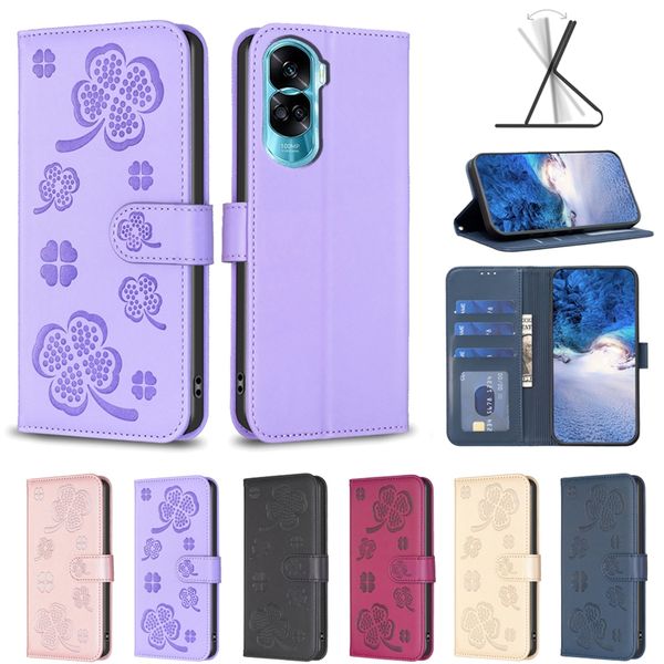 Custodie a portafoglio in pelle fiore fortunato per Huawei Honor 90 Pro Lite Mate 60 X6A X7A Google Pixel 8 8A 7 7A Moda floreale quadrifoglio porta carte d'identità con custodia Flip Cover