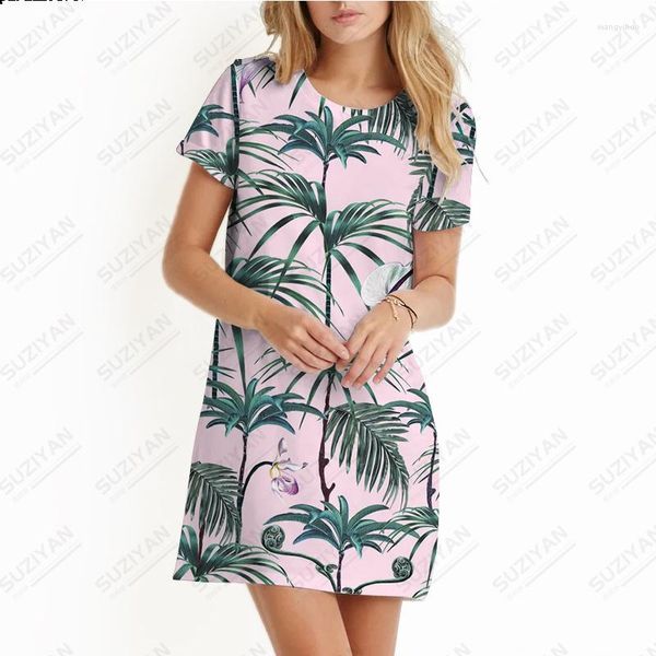 Freizeitkleider 2023 Damen Sommer Hawaii Strandkleid 3D Bedrucktes Kurzarm T-Shirt Damen Rundhals Commuter Knielang