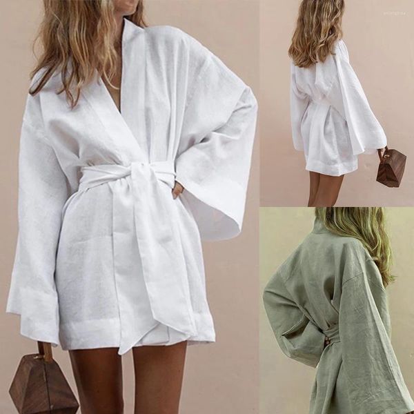 Roupa de banho feminina verão algodão camisa de manga longa maiô cover-ups branco cardigan beachwear proteção solar auto cinto quimono vestido