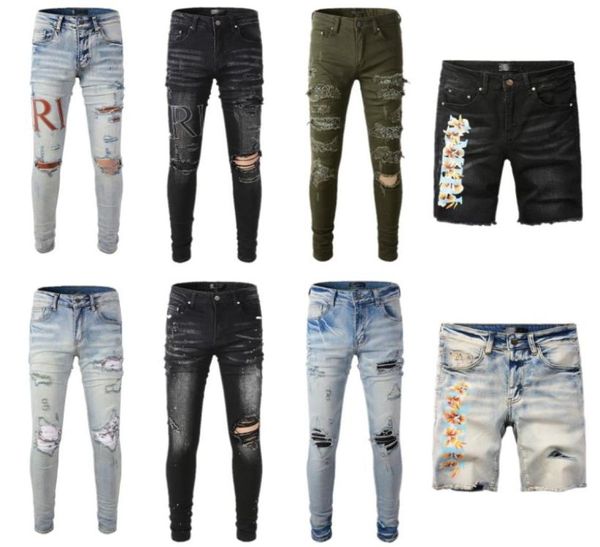 Männer Skinny Jeans Designer Jeans Zerrissene Löcher Motorrad Biker Patch Spleiß Mode Berühmte Druck Denim Shorts Hosen3807017