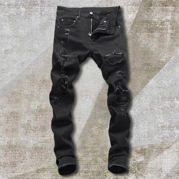 Jeans masculinos preto motocicleta calça punk retro cor sólida rua buraco costura homens hip hop rasgado designer bootcut jean para