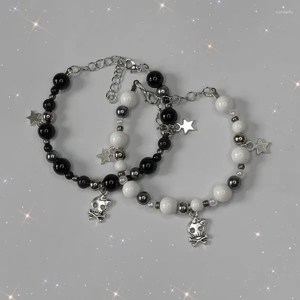 Link pulseiras preto branco frisado estrela pingente crânio gótico charme pulseira y2k