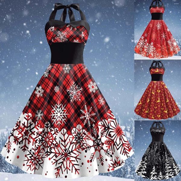 Повседневные платья, красное рождественское платье с принтом лося и снежинки, Холтер для женщин, сексуальное коктейльное платье с открытой спиной, 50-х, 60-х годов, в стиле рокабилли