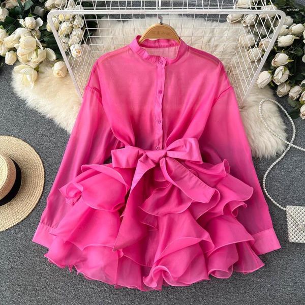 Damen Blusen Frauen Perspektive Rüschen Chiffon Hemden Frühling Herbst Mehrlagig Lotus Kleid Fliege Gürtel Plissee Bluse Cardigan Tops