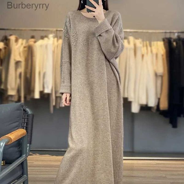 Abiti casual di base Abito autunno e inverno girocollo in cashmere con ricamo vento pigro sciolto plus size maglione abito lavorato a maglia in pura lana L231130