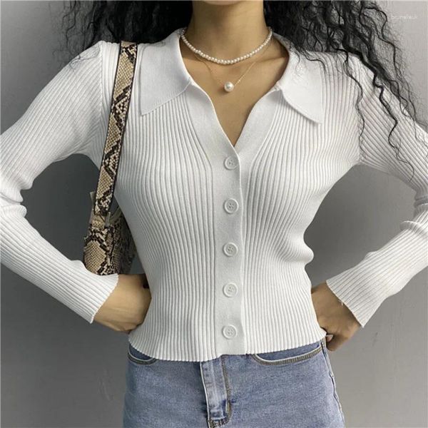 Malhas femininas outono lapela emagrecimento topos cardigan senhoras botão até sexy decote em v manga longa polo camisola de malha