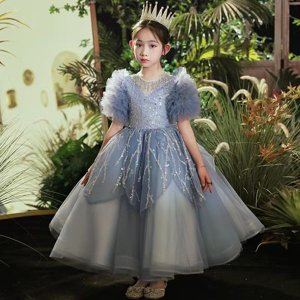 2023 Nette Tutu Blumenmädchenkleider Spitze Applique Kristall Halskette Strass Ballkleid Kinder Festzug Kleid Bodenlangen Pailletten Mädchen Geburtstagsfeier Kleid