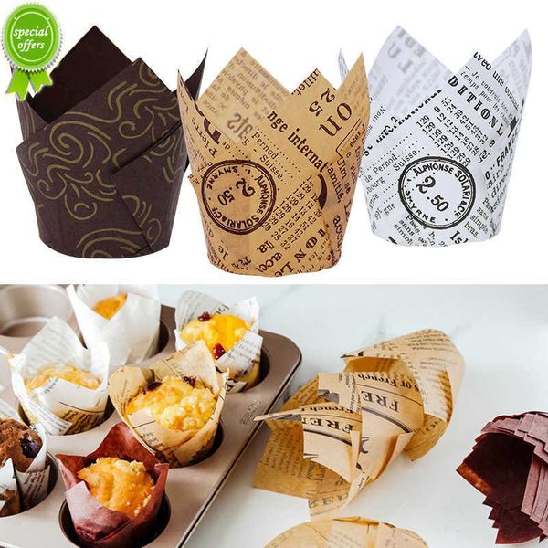 Neue 50 stücke Zeitung Stil Cupcake Liner Backförmchen Für Hochzeit Caissettes Tulip Muffin Cupcake Pappbecher Oilproof Cake Wrapper