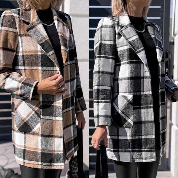 Damen Wollmischungen Elegantes Revers Einreiher Damen Mantel Vintage Plaid Langarm Woll Damenmode Winter Herbst Anzugjacke