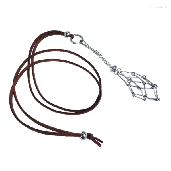 Ketten Kristallhalter Halskette Naturstein Mesh Taschenanhänger Halsband Verstellbare PU-Lederschnur Halsketten für Frauen Mädchen