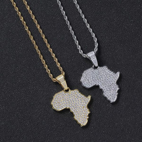 Colares pendentes Micro pavimentado CZ Stone Bling Out Africa Map Pingents for Men Rapper Jewelry Gold Silver ColorPende Pingente Pingente