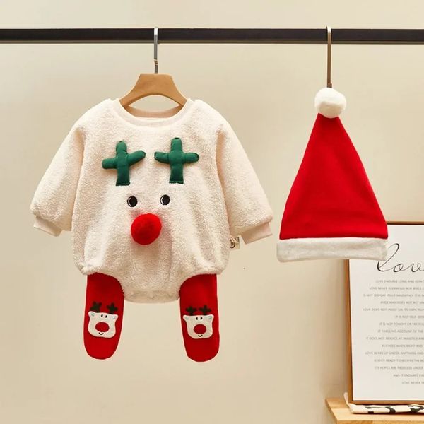 Рождественский комбинезон для маленьких мальчиков и девочек с колготками в виде шапки Санта-Клауса, флисовый комбинезон с изображением оленя, детская одежда для малышей, 231129