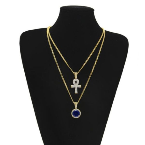 2-in-1-vergoldeter Ankh-Ägyptischer Schlüssel-Strasskristall-Kreuz-Anhänger-Anhänger-Halskette Blauer Rubin-Anhänger-Halsketten-Schmuckset für Männer H246W