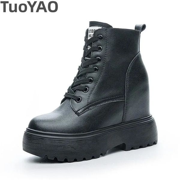 Chinelos 11cm vaca couro genuíno inverno pelúcia outono mulheres botas joelho plataforma alta cunha bombas primavera saltos escondidos preto moda sapatos 231129