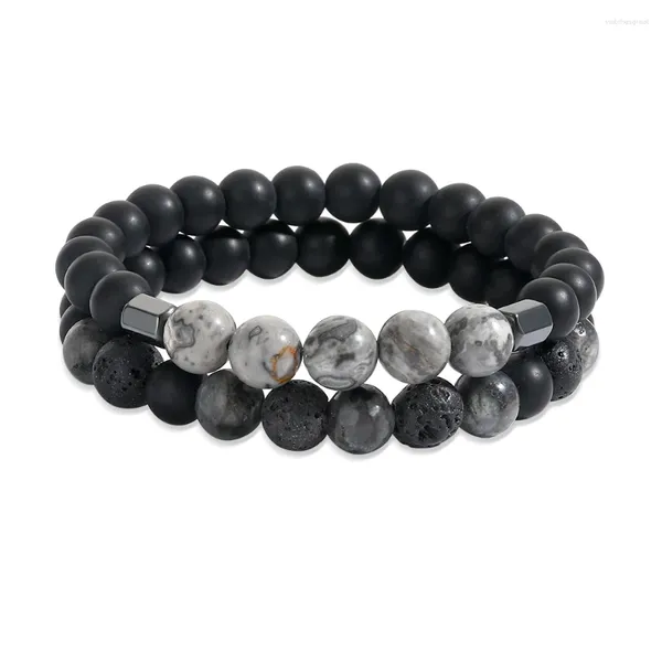 Charme pulseiras vintage homens pulseira conjunto de pedra natural mapa contas preto lava casal conjuntos para mulheres yoga jóias pulseira