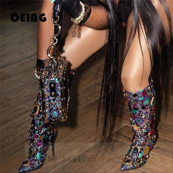 Stiefel Frauen Bling Kristall verzierte Kniehohe Stiefel Sexy Spitzschuh Stilettos Stiefel Mode Weibliche Kleid Party Schuhe Botas De mujer 231129