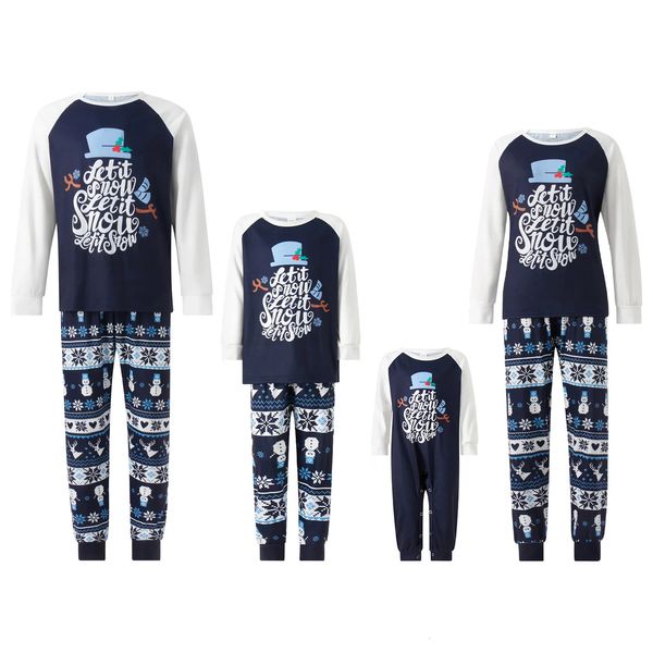 Aile Eşleşen Kıyafetler Noel Pijamaları Bebek Romper Mektup Baskı Uzun Kollu Üstler Stripe Snowflake Kar Adam Pantolon Loungewear 231129