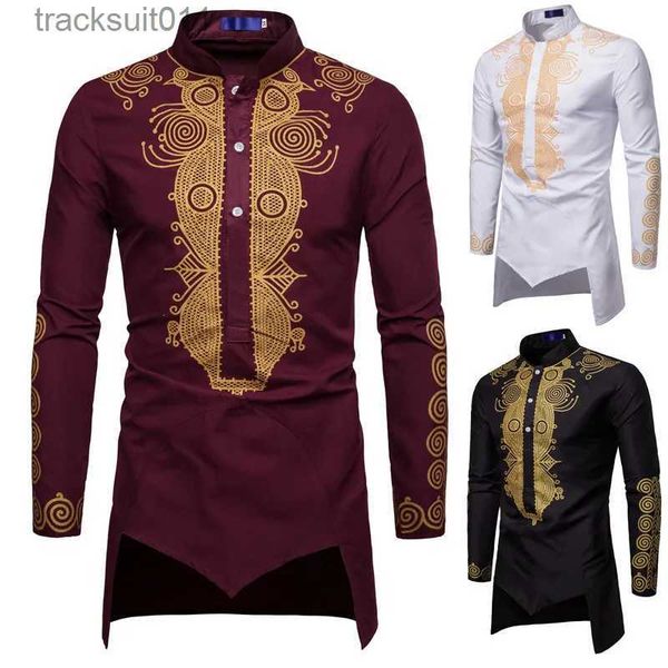 Robes masculinos nova tendência fino fino estilo europeu médio oriente vestido mens imprimir flores douradas longo sle camisa robe streetwear festa africana l231130