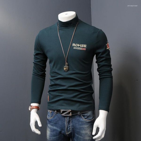 Herren-T-Shirts Halbherbst-Herren-Rollkragenpullover, verdickte T-Shirts, modisch bedrucktes Baumwoll-Langarm-T-Shirt