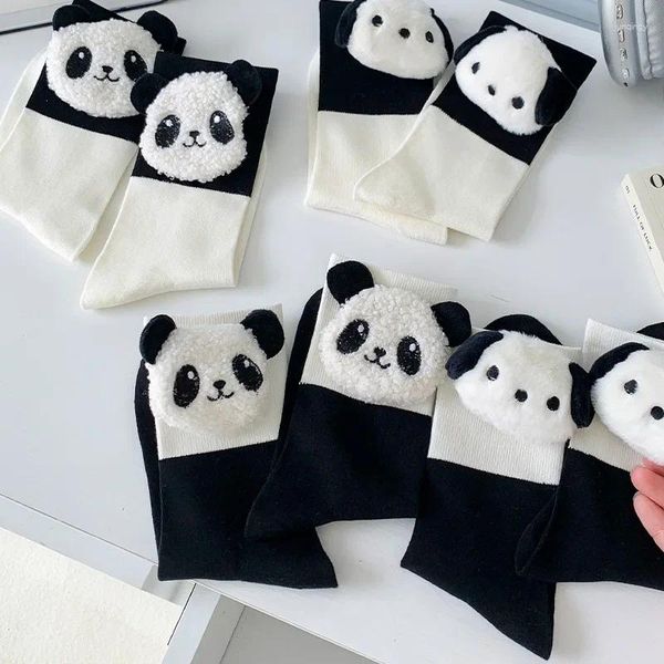 Calzini da donna Peluche Bambola Divertente cartone animato Panda Cani Carino lavoro a maglia in cotone solido Kawaii JK Stili giapponesi Nero Bianco