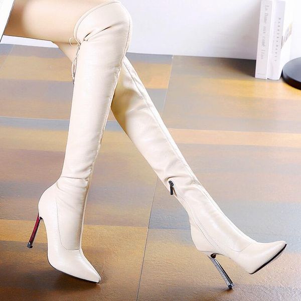 Aneikeh Weiß Sexy Over-the-Knie Seitlichem Reißverschluss Slip-On Spitze Zehen Schuhe NEUE Mode Gestreiften Dünne Heels damen Stiefel 2024 Frühling